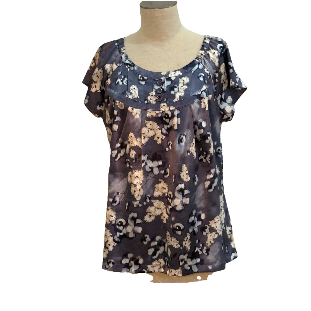 Apt 9 Blue Floral‎ Silky Soft Short Sleeve Top Blouse Faux Button Size Large